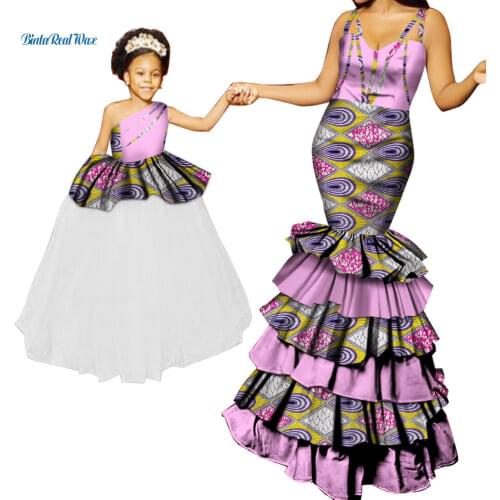 African Clothes Ankara Print Long Dresses for Women With Lace Mom and Daughter Clothes Dashiki African Design Clothing WYQ288