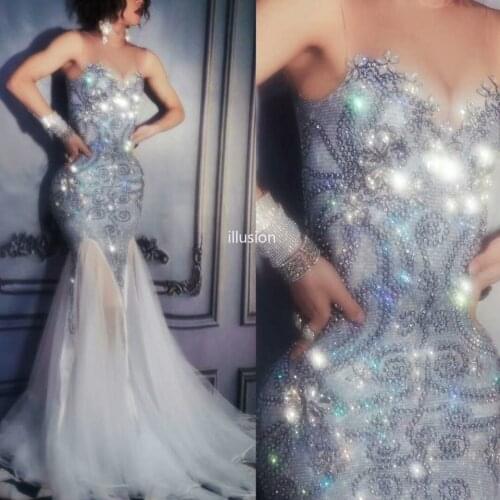 Sparkly Rhinestones White Mesh Sweater Long Dress Womens Crystal Birthday Night Party Tail Dress Female Singer Net Yarn Dresses