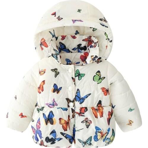 Color Butterfly Girl Cotton Parkas Coats with Hat 2021 Hooded Child Winter Warm Coats Lovely Kids Outwear Cototn Padded