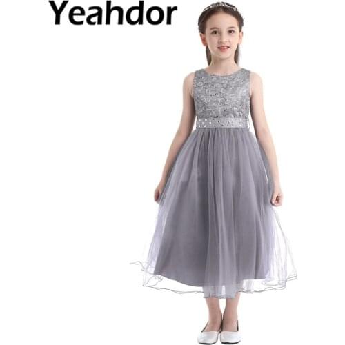 Kids Girls Sequined Lace Mesh Party Princess Dress Flower Girl Dress Children Prom Ball Gowns Wedding Birthday Formal Dress