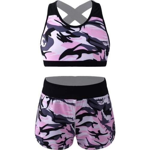 Kids Girls Camouflage Print Tracksuits Dancewear Workout Gymnastics Outfits Sport Bra Top with Shorts Set Ballet Dance Outfits
