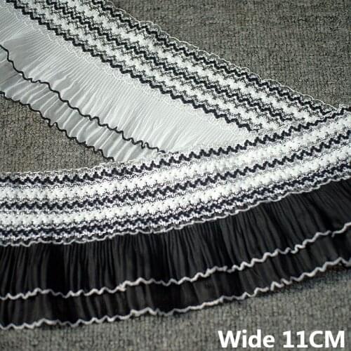 11CM Wide White Black Double Layers Chiffon Fabric Stretch Lace Embroidered Ribbon Elastic Ruffle Trim DIY Garment Sewing Decor