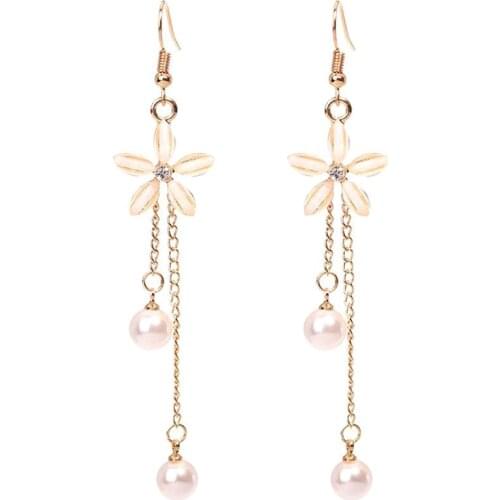 New Fashion Long Tassel Crystal Five Petal Flower Earrings Wild Chain Simulation Pearl Earrings Oorbellen Earrings For Women