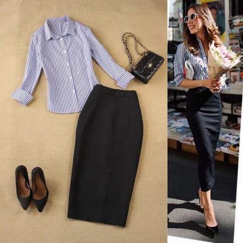 Skinny bodycon pencil office lady two piece shirt skirt suit