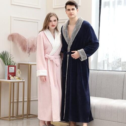Autumn and winter flannel thickening and lengthening pajamas women winter long couple bathrobes mens plus size pajamas