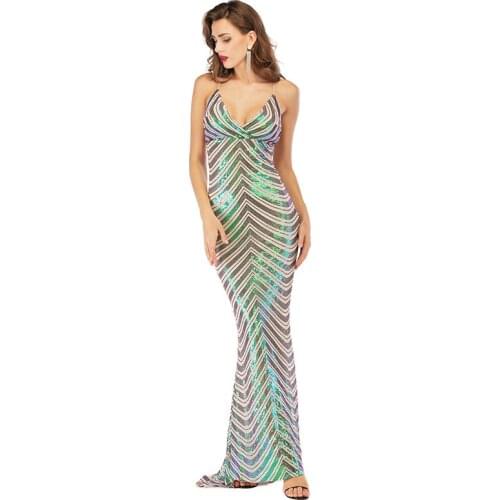 2020 New Hot Style Harness Backless Dress Deep V-Neck Elastic Sequins Mop The Floor Dress