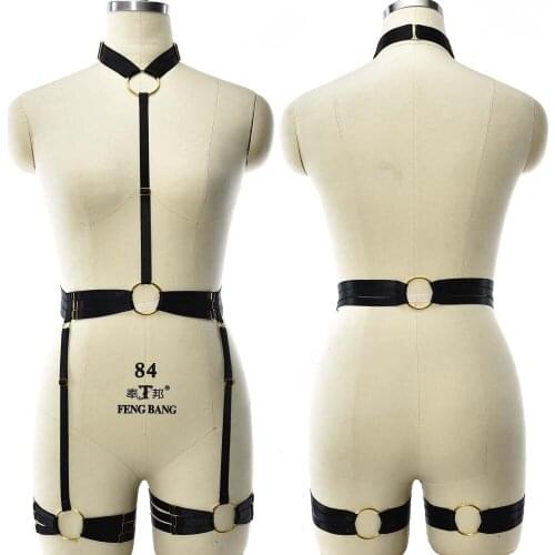 JLX.HARNESS Goth Sexy Lingerie Siamese Suit Open Chest Harness Cage Bra Black Stockings Bondage Leg Garter Edgy Bodysuit