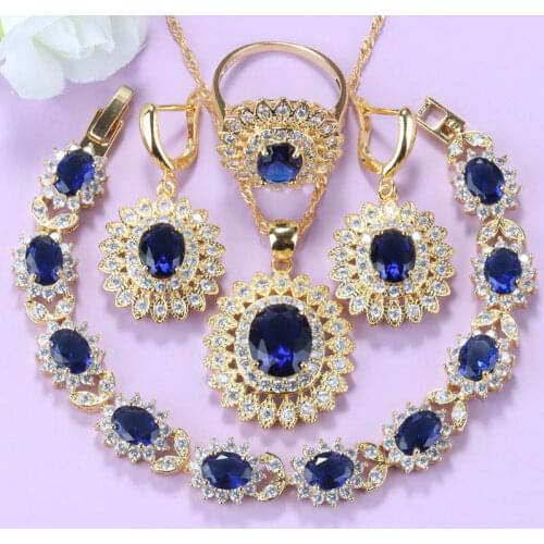 Big Sunflower Jewelry Blue Cubic Zirconia Earrings And Necklace Sets African Wedding Gold-Color Women Accessories