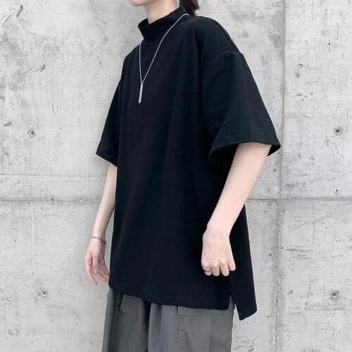 Ins Korean versatile mens loose casual solid small high collar short sleeve T-shirt