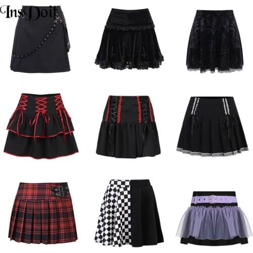 InsDoit Gothic Y2K Sexy Skirt Women Velvet Black Streetwear Harajuku Vintage Lace Skirts Punk Grunge Aesthetic High Waist Skirt