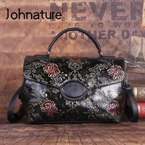 Johnature Vintage Genuine Leather Women Bag 2021 New Handmade Embossed First Layer Cowhide Handbag Versatile Lady Shoulder Bags