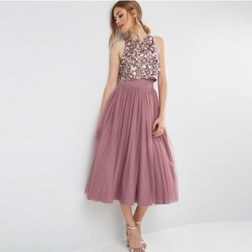 High Street Fashion Tulle Skirt for Women Rose Pink Tea Length Mid Calf Tutu Skirts for Lady to Prom Party Gowns Zipper Style