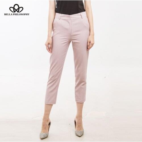 Bella Philosophy Self Design Women Summer Striped Pink Thin Chiffon Harem Pants office Ladies Suit Zipper Chic Trousers