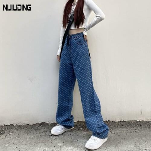Retro Jacquard High Waist Wide Leg Pants Jeans For Women Loose Ins Style Staight Panton Female Long Trousers High Street Jeans