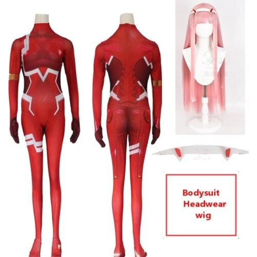 Lacauch Anime Zero Two CODE:02 Girl Cosplay Darling in the Franxx Red Bodysuit Battle Suit Leotard Wig Headdress Womens Set