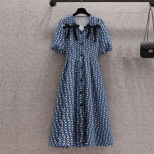 Plus Size Office Ladies Elegant Vintage Long Dress Summer bow V Neck Short Sleeve Print High Waist A-line dresses 2021 Vestidos