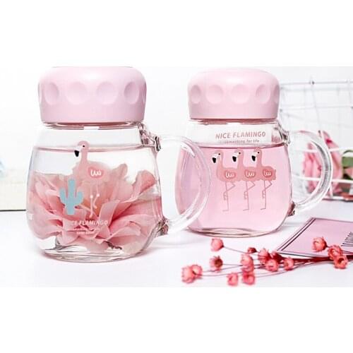 350ml Creative Flamingo Unicorn Cute Cartoon Travel Glass Bottle Printed Animal Student Transparent Water bottle Cup With Handle
