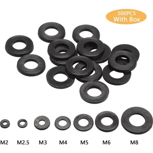 500Pcs M2 M2.5 M3 M4 M5 M6 M8 Black Plastic Nylon Washer Flat Spacer Washer Seals Gasket Assorted Kit