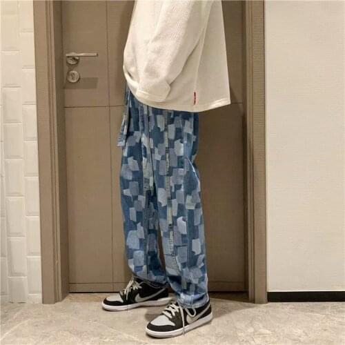 2020 Mens Baggy Homme Casual Pants Classic Pocket High Street Printing Jeans Loose Wide Leg Pants Biker Denim Trousers S-3XL