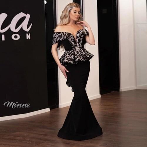 Black Moroccan Kaftan Caftan Muslim Evening Dresses Mermaid Appliques Dubai Arabic Turkey Abaya Islamic Evening Gown