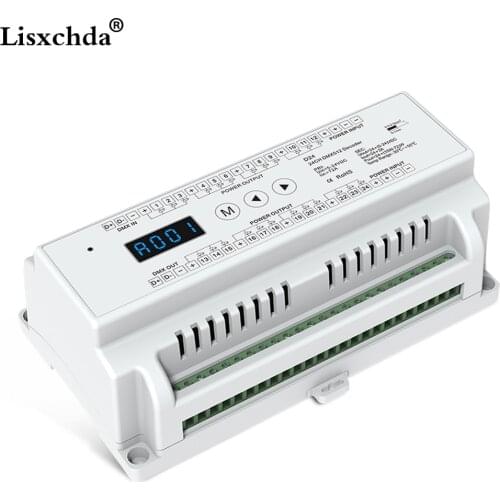 Din rail mounted constant voltage 24 Channel DMX512 Decoder;DC5-24V input;3A*24CH output with display for setting dmx address