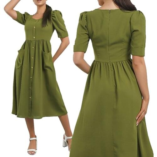 Elegant Ladies Long Dress Summer Women Square Collar Vintage Puff Sleeve Sundress with Pockets Short Sleeve Button Dresses D30