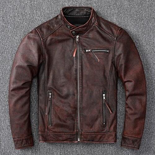 GU.SEEMIO Male Genuine Leather Jacket Men Cowhide Coat Vintage Style Motorcycle Distressed Leather Coat
