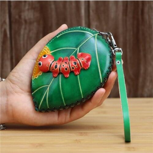 Leather tree leaf caterpillar coin purse handmade creative mini cowhide card key case clutch clutch hand bag