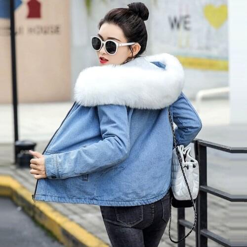 Spring Autumn Winter 2021 Hooded Velvet Denim Jacket Female Big Faux Fur Collar Korea Jeans Coat Female Student Short Outwear
