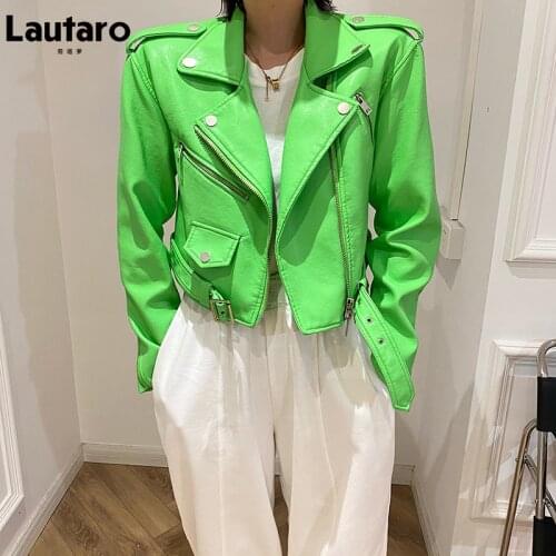 Lautaro Y2k Short Green Gecko Biker Leather Jacket Long Sleeve Zipper Belt Colored Stylish Outerwear for Women Fashion 2021