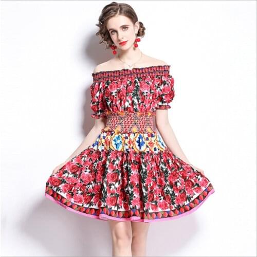Summer New Womens Clothing Female One Word Neck Puff Short Sleeve Dress Lady Printed Dresses With Elastic Waist Skirts Red