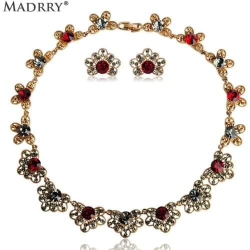 Madrry Alloy Metal Romantic Flowers Jewelry Sets Necklace & Earrings For Women Bridal Wedding Accessories Bijuterias Rhinestone