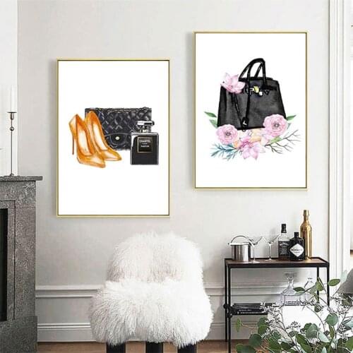 Fashion makeup poster print perfume bag leopard shoes canvas painting trendy art images salon girls room decor