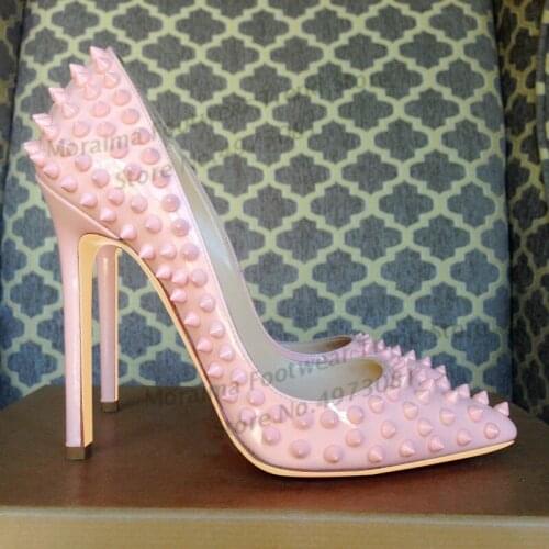 Moraima Snc Light Pink Rivets Studded High Heel Shoes 12cm Thin Heels Woman Pumps Sexy Stiletto Heels Party Wedding Shoes