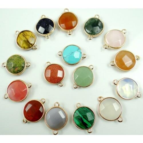 Natural stone tiger eye Quartz Crystal Turquoises Round Gold Edging Pendant for diy Jewelry making necklace Accessories30pcs