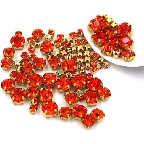 New arrival 100pcs/bag Mixed size glass strass crystal beads gold base sewing orange rhinestones diy Wedding decoration