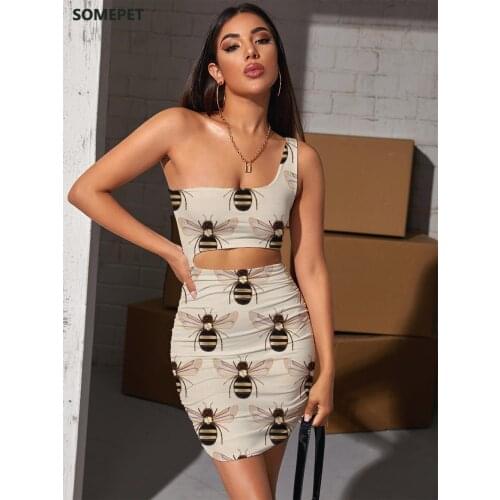 SOMEPET Bee Dresses Women Animal Hollow out Dresses Harajuku 3d Print Lovely Halter Sleeveless Womens Clothing Summer Vintage