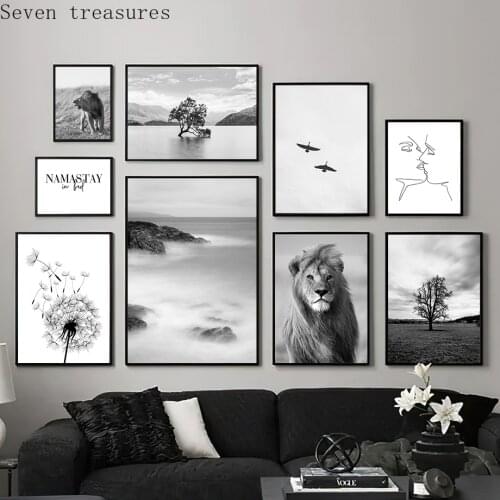 Modern Black and White Landscape Poster Home Decor Nordic Canvas PaintingWall Art Print for Bedroom Animal Lion Scenery Picture