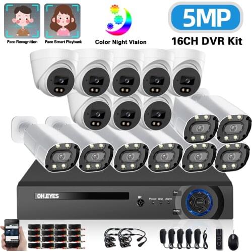 H.265 16 Channel CCTV Video Surveillance System Kit 5MP Face Detection Outdoor Security Camera System with DVR 16CH XMEYE ONVIF
