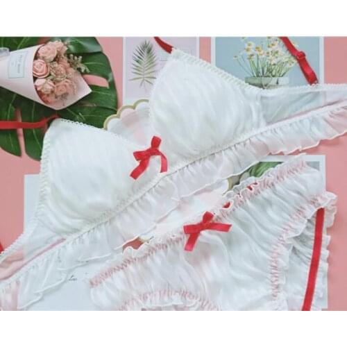 Fairy Kei White Chiffon Japanese Bra & Panties Set Bows Wirefree Soft Underwear Sleep Intimates Set Cute Lolita