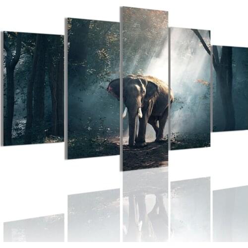 Elephant Animal Forest 5 Panels HD Canvas Painting Posters Wall Art Print Pictures for Living Room Interior Home Decor Frame