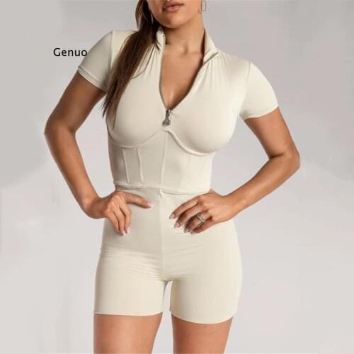 Streetwear Bodycon Sexy Rompers Womens Jumpsuit Female Fitness Elastic Solid Zipper Jumpsuit One Piece Outfits Women