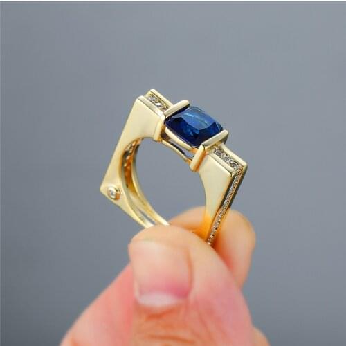 Vintage Male Blue Crystal Ring Minimalist Hollow Square Big Stone Engagement Ring Fashion Gold Color Wedding Rings For Women Men