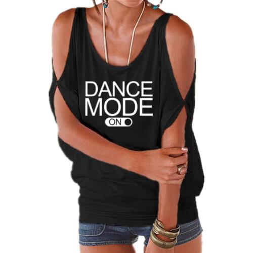 Dance mode on Letters Print Women tshirt Casual t shirt For Lady Girl Sexy Off Shoulder Tops Batwing Short Sleeve Lace up Tee