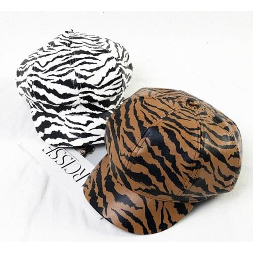 2020 Autumn And Winter Octagonal Hat Zebra Striped Pu Leather Windproof And Warm Womens Navy Hat Retro Europe America