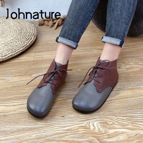 Johnature Genuine Leather Mixed Colors Shoes Women Boots Lace-Up Flat With Round Toe Handmade Concise Retro Leisure Ankle Boots