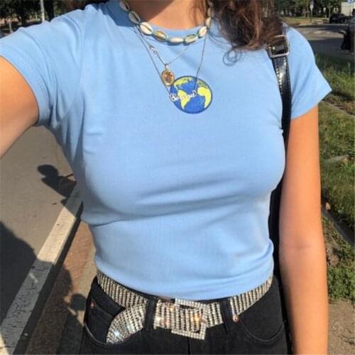 Fashion Summer Crop Tops Short Tees Women Cute Embroidery Earth Pattern O-Neck Short Sleeve Blue T shirts y2k aesthetic e girl
