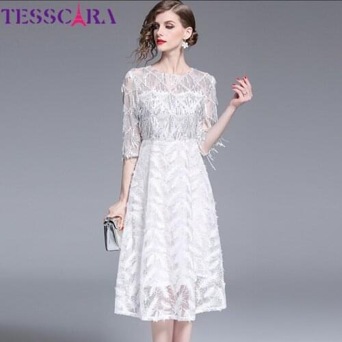 TESSCARA Women Luxury Sequin Mesh Dress Festa Female High Quality Wedding Party Robe Femme Designer White Flower Girl Vestidos