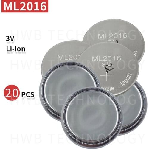 20pcs/lot New Original ML2016 ML 2016 3v Li-Ion Lithium Ion Rechargeable Coin Cell Button CMOS RTC Battery Batteries