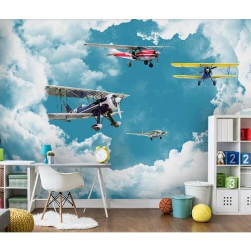 3d Kids Children Room Carton Aircraft Wallpaper Blue Sky Clound Mural Wall Decor Wall Paper Roll HD Airplane Contact Paper